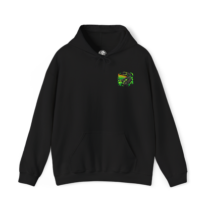 Image 4 of a Hooded Sweatshirt of Astalos from Monster Hunter Generations, showing the electrified Thunder Wyvern perched on a rocky battlefield beneath a violent storm. Its enormous green wings spread wide as lightning surges through its body and illuminates its sharp crest and bladed tail. Thunderclouds, sparks, and shattered stone surround the monster, emphasizing its speed, aggression, and devastating electrical power.