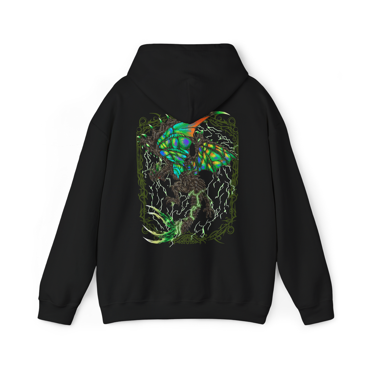 Image 5 of a Hooded Sweatshirt of Astalos from Monster Hunter Generations, showing the electrified Thunder Wyvern perched on a rocky battlefield beneath a violent storm. Its enormous green wings spread wide as lightning surges through its body and illuminates its sharp crest and bladed tail. Thunderclouds, sparks, and shattered stone surround the monster, emphasizing its speed, aggression, and devastating electrical power.