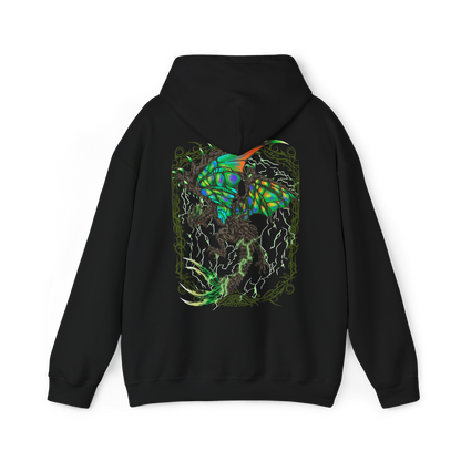 Image 5 of a Hooded Sweatshirt of Astalos from Monster Hunter Generations, showing the electrified Thunder Wyvern perched on a rocky battlefield beneath a violent storm. Its enormous green wings spread wide as lightning surges through its body and illuminates its sharp crest and bladed tail. Thunderclouds, sparks, and shattered stone surround the monster, emphasizing its speed, aggression, and devastating electrical power.