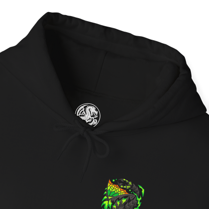 Folded Hooded Sweatshirt of Astalos from Monster Hunter Generations, showing the electrified Thunder Wyvern perched on a rocky battlefield beneath a violent storm. Its enormous green wings spread wide as lightning surges through its body and illuminates its sharp crest and bladed tail. Thunderclouds, sparks, and shattered stone surround the monster, emphasizing its speed, aggression, and devastating electrical power.