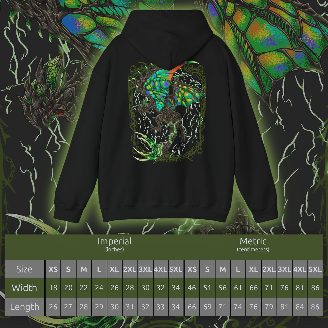 Size chart of a Hooded Sweatshirt of Astalos from Monster Hunter Generations, showing the electrified Thunder Wyvern perched on a rocky battlefield beneath a violent storm. Its enormous green wings spread wide as lightning surges through its body and illuminates its sharp crest and bladed tail. Thunderclouds, sparks, and shattered stone surround the monster, emphasizing its speed, aggression, and devastating electrical power.