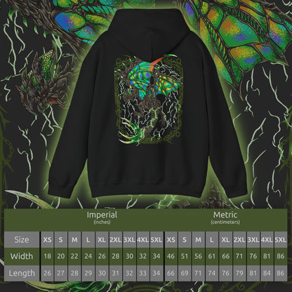 Size chart of a Hooded Sweatshirt of Astalos from Monster Hunter Generations, showing the electrified Thunder Wyvern perched on a rocky battlefield beneath a violent storm. Its enormous green wings spread wide as lightning surges through its body and illuminates its sharp crest and bladed tail. Thunderclouds, sparks, and shattered stone surround the monster, emphasizing its speed, aggression, and devastating electrical power.
