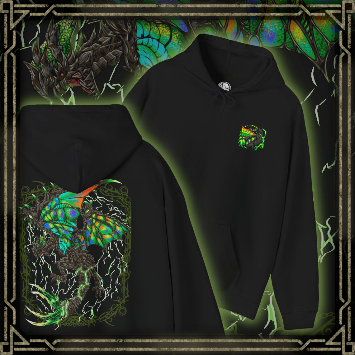 Thumbnail of a Hooded Sweatshirt of Astalos from Monster Hunter Generations, showing the electrified Thunder Wyvern perched on a rocky battlefield beneath a violent storm. Its enormous green wings spread wide as lightning surges through its body and illuminates its sharp crest and bladed tail. Thunderclouds, sparks, and shattered stone surround the monster, emphasizing its speed, aggression, and devastating electrical power.