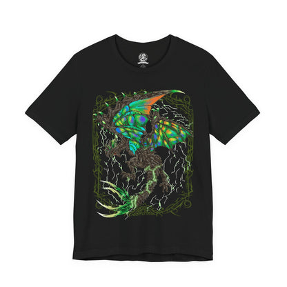 Image 4 of a T-Shirt design of Astalos from Monster Hunter Generations, depicting the electrified Thunder Wyvern spreading its enormous green wings while bright yellow lightning courses through its body. Its sharp crest, bladed tail, and powerful claws are highlighted against a stormy battlefield filled with crackling electricity. The artwork captures Astalos' aggressive nature and mastery of thunder.