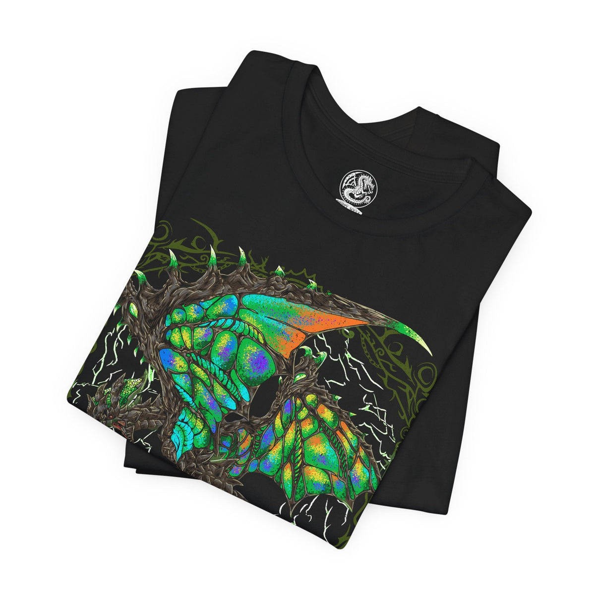 Image 5 of a T-Shirt design of Astalos from Monster Hunter Generations, depicting the electrified Thunder Wyvern spreading its enormous green wings while bright yellow lightning courses through its body. Its sharp crest, bladed tail, and powerful claws are highlighted against a stormy battlefield filled with crackling electricity. The artwork captures Astalos' aggressive nature and mastery of thunder.