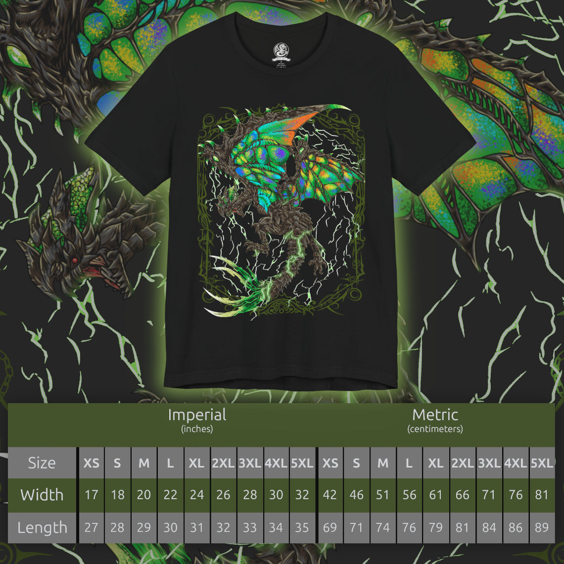 Size chart of a T-Shirt design of Astalos from Monster Hunter Generations, depicting the electrified Thunder Wyvern spreading its enormous green wings while bright yellow lightning courses through its body. Its sharp crest, bladed tail, and powerful claws are highlighted against a stormy battlefield filled with crackling electricity. The artwork captures Astalos' aggressive nature and mastery of thunder.