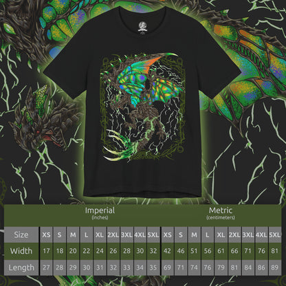 Size chart of a T-Shirt design of Astalos from Monster Hunter Generations, depicting the electrified Thunder Wyvern spreading its enormous green wings while bright yellow lightning courses through its body. Its sharp crest, bladed tail, and powerful claws are highlighted against a stormy battlefield filled with crackling electricity. The artwork captures Astalos' aggressive nature and mastery of thunder.