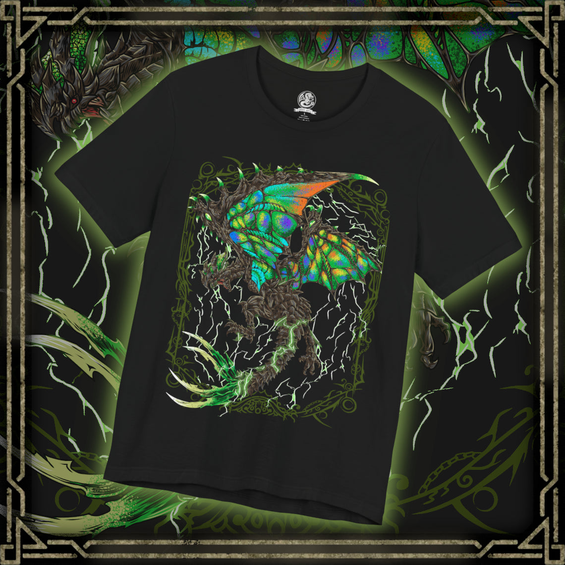 Thumbnail of a T-Shirt design of Astalos from Monster Hunter Generations, depicting the electrified Thunder Wyvern spreading its enormous green wings while bright yellow lightning courses through its body. Its sharp crest, bladed tail, and powerful claws are highlighted against a stormy battlefield filled with crackling electricity. The artwork captures Astalos' aggressive nature and mastery of thunder.