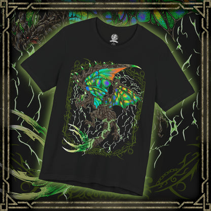 Thumbnail of a T-Shirt design of Astalos from Monster Hunter Generations, depicting the electrified Thunder Wyvern spreading its enormous green wings while bright yellow lightning courses through its body. Its sharp crest, bladed tail, and powerful claws are highlighted against a stormy battlefield filled with crackling electricity. The artwork captures Astalos' aggressive nature and mastery of thunder.