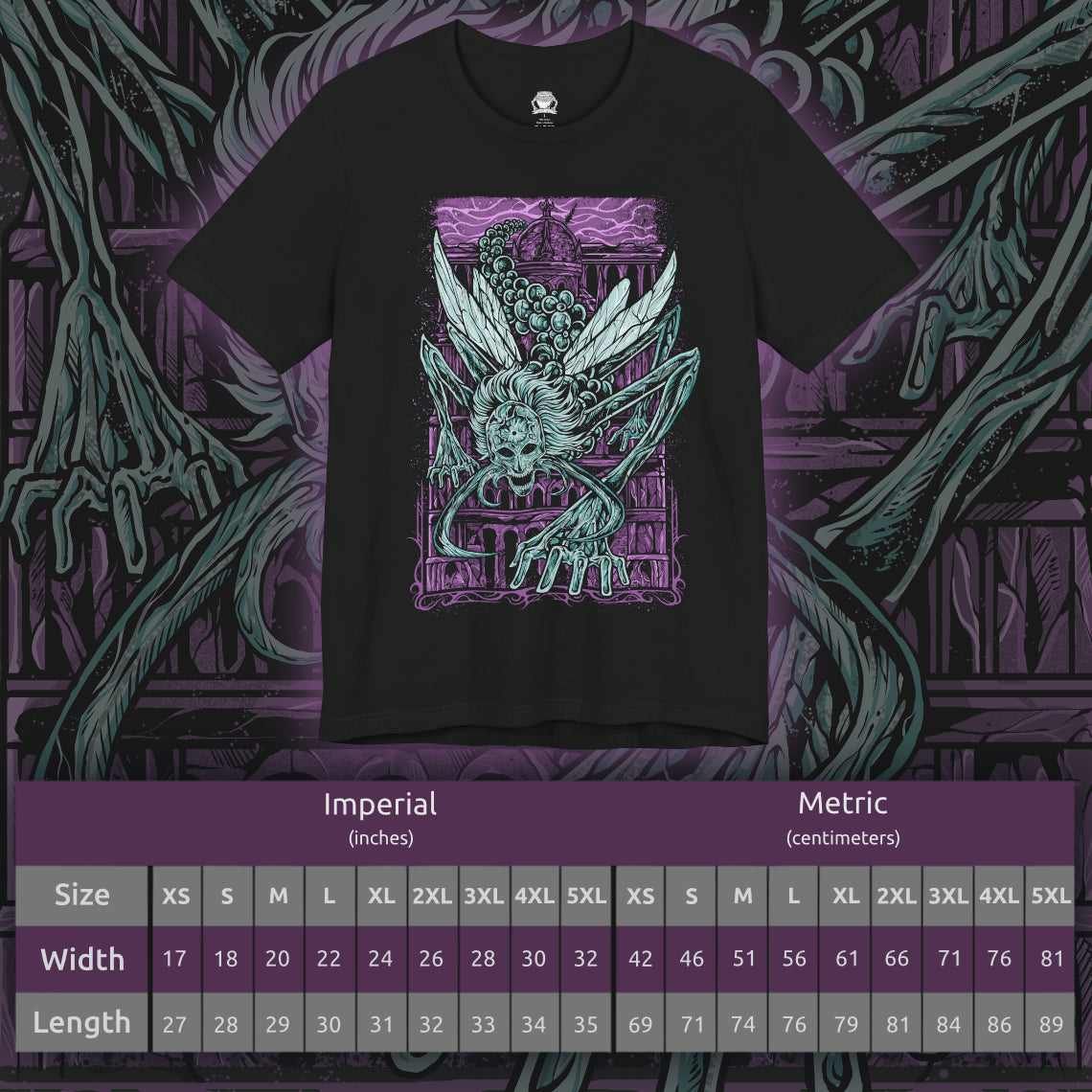Size chart of a T-shirt featuring Astel, Naturalborn of the Void from Elden Ring, a cosmic horror born from a void beyond time. With a skull-like insectoid face, celestial tendrils, and radiant stardust, Astel is a grotesque beauty of outer space. This design captures its haunting majesty and unfathomable alien presence deep beneath the Lands Between.