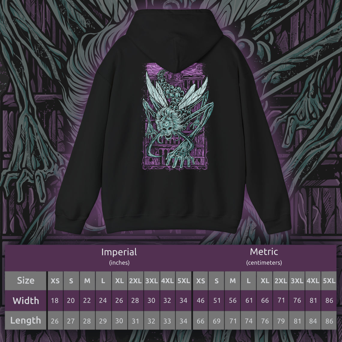 Size chart of a Hooded Sweatshirt featuring Astel, Naturalborn of the Void from Elden Ring, a cosmic horror that descended from the stars to wreak devastation upon the Lands Between. With a skeletal, insectoid body and a celestial head swirling with galaxies, Astel embodies the unknowable terror of the void itself. A remnant of an ancient, star-born catastrophe, it wields devastating gravity and magic attacks, annihilating all in its path. A must-have for fans of Elden Ring’s deep cosmic lore.