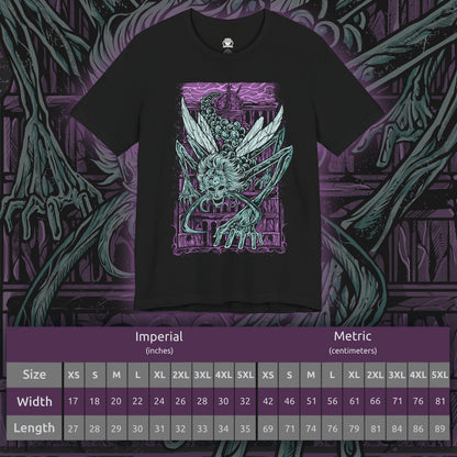 Size chart of a T-shirt featuring Astel, Naturalborn of the Void from Elden Ring in a grim design, showcasing the cosmic and eerie creature with its otherworldly appearance, perfect for fans drawn to the dark mysteries of the Lands Between.