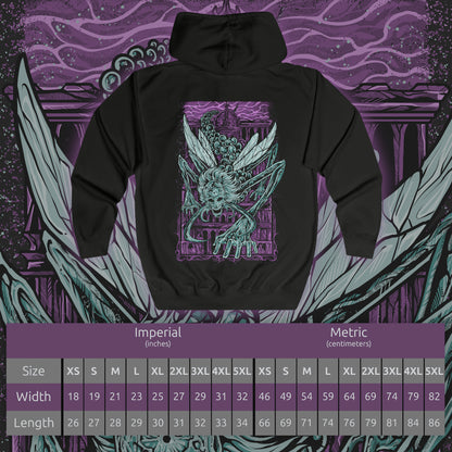 Size chart of a Zip-up Hooded Sweatshirt featuring Astel, Naturalborn of the Void from Elden Ring, a cosmic horror born from the stars. With a body of glimmering chitin and celestial energy, Astel embodies the mysteries and terror of the cosmos. This design captures the being who once destroyed entire civilizations, symbolizing the vast, uncaring power that lies beyond the Erdtree.