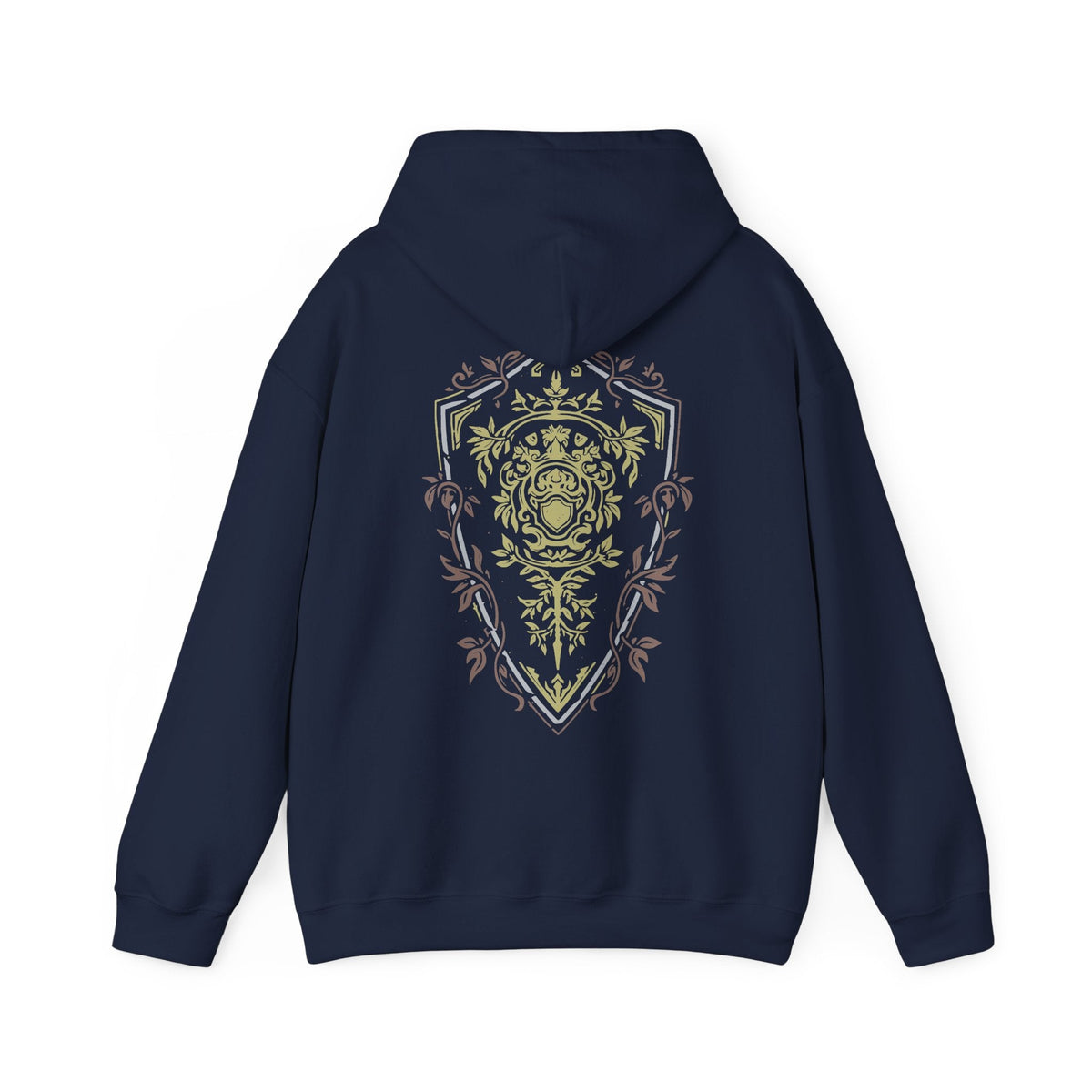 Size chart of a Hooded Sweatshirt featuring an Elite Knight-inspired design from Dark Souls, adorned with intricate armor details that highlight the timeless look of this iconic set. Ideal for fans who appreciate classic armor and the enduring spirit of the undead journey.