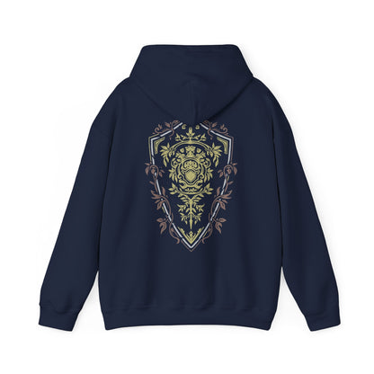 Size chart of a Hooded Sweatshirt featuring an Elite Knight-inspired design from Dark Souls, adorned with intricate armor details that highlight the timeless look of this iconic set. Ideal for fans who appreciate classic armor and the enduring spirit of the undead journey.