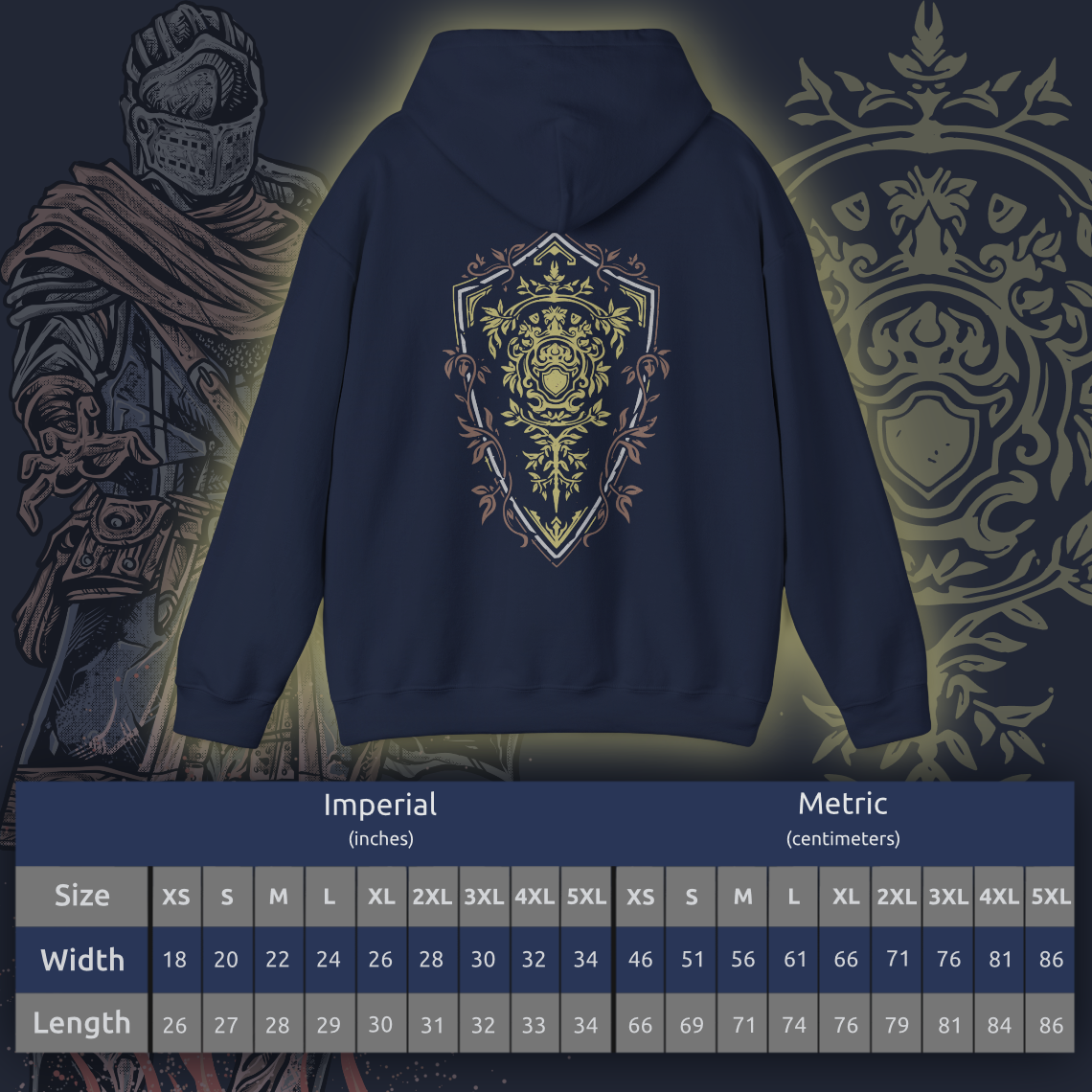Size chart of a Hooded Sweatshirt featuring an Elite Knight-inspired design from Dark Souls, adorned with intricate armor details that highlight the timeless look of this iconic set. Ideal for fans who appreciate classic armor and the enduring spirit of the undead journey.
