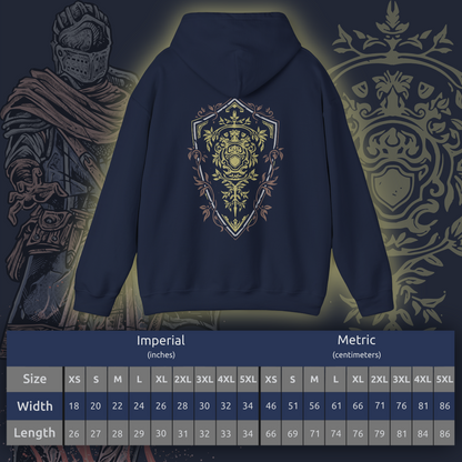 Size chart of a Hooded Sweatshirt featuring an Elite Knight-inspired design from Dark Souls, adorned with intricate armor details that highlight the timeless look of this iconic set. Ideal for fans who appreciate classic armor and the enduring spirit of the undead journey.