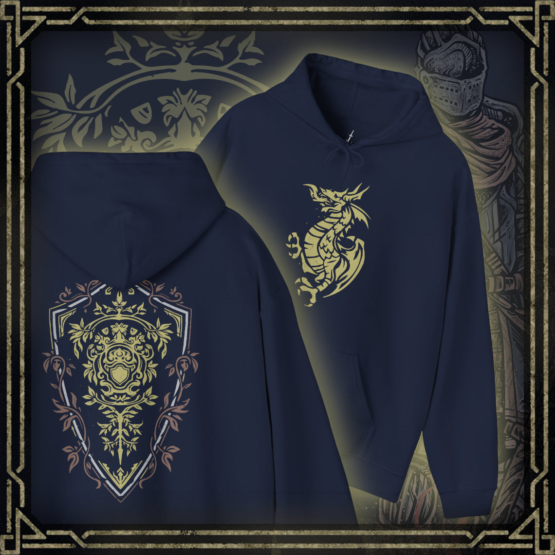 Thumbnail of a Hooded Sweatshirt featuring an Elite Knight-inspired design from Dark Souls, adorned with intricate armor details that highlight the timeless look of this iconic set. Ideal for fans who appreciate classic armor and the enduring spirit of the undead journey.