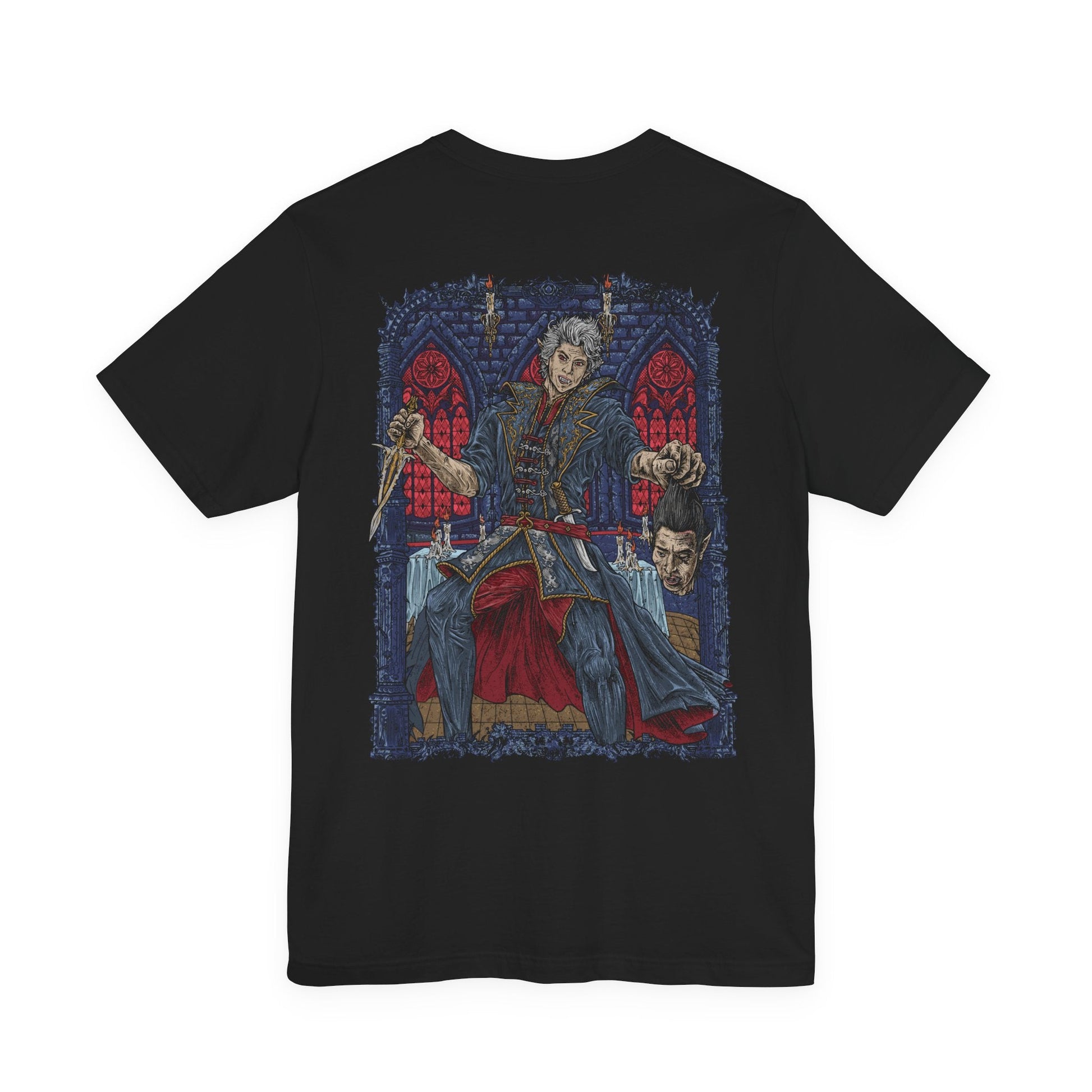 Image 5 of a T-shirt artwork depicting Ascended Astarion decapitating Cazador within the ritual chamber, blood-red runes and infernal energy spiraling through the air. As Cazador’s reign ends, Astarion embraces his ascended form, symbolizing vengeance, freedom, and the moral cost of ultimate power within Baldur’s Gate 3’s darkest narrative path.