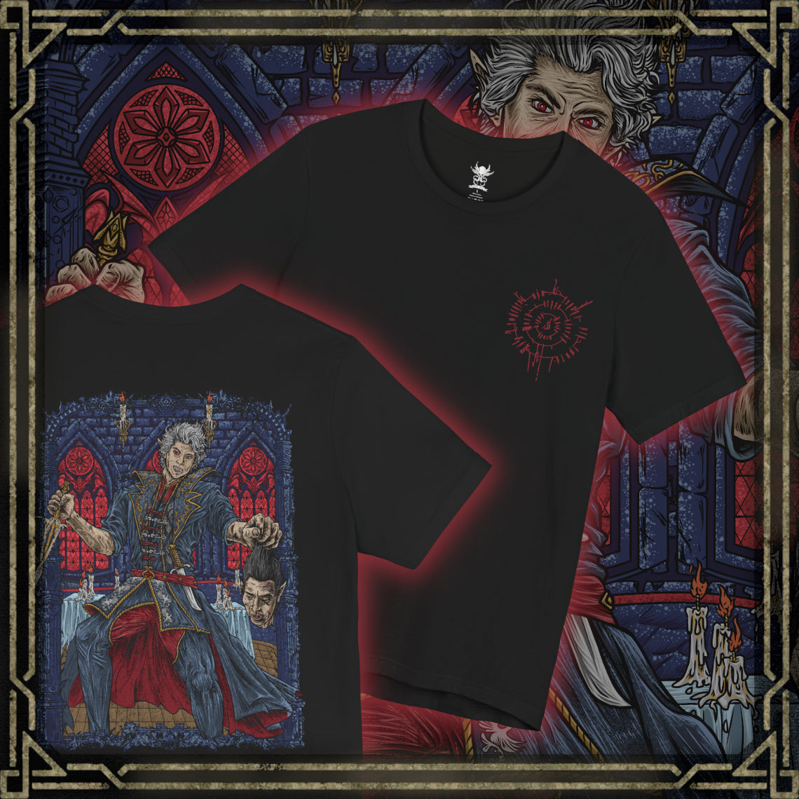 Thumbnail of a T-shirt artwork depicting Ascended Astarion decapitating Cazador within the ritual chamber, blood-red runes and infernal energy spiraling through the air. As Cazador’s reign ends, Astarion embraces his ascended form, symbolizing vengeance, freedom, and the moral cost of ultimate power within Baldur’s Gate 3’s darkest narrative path.