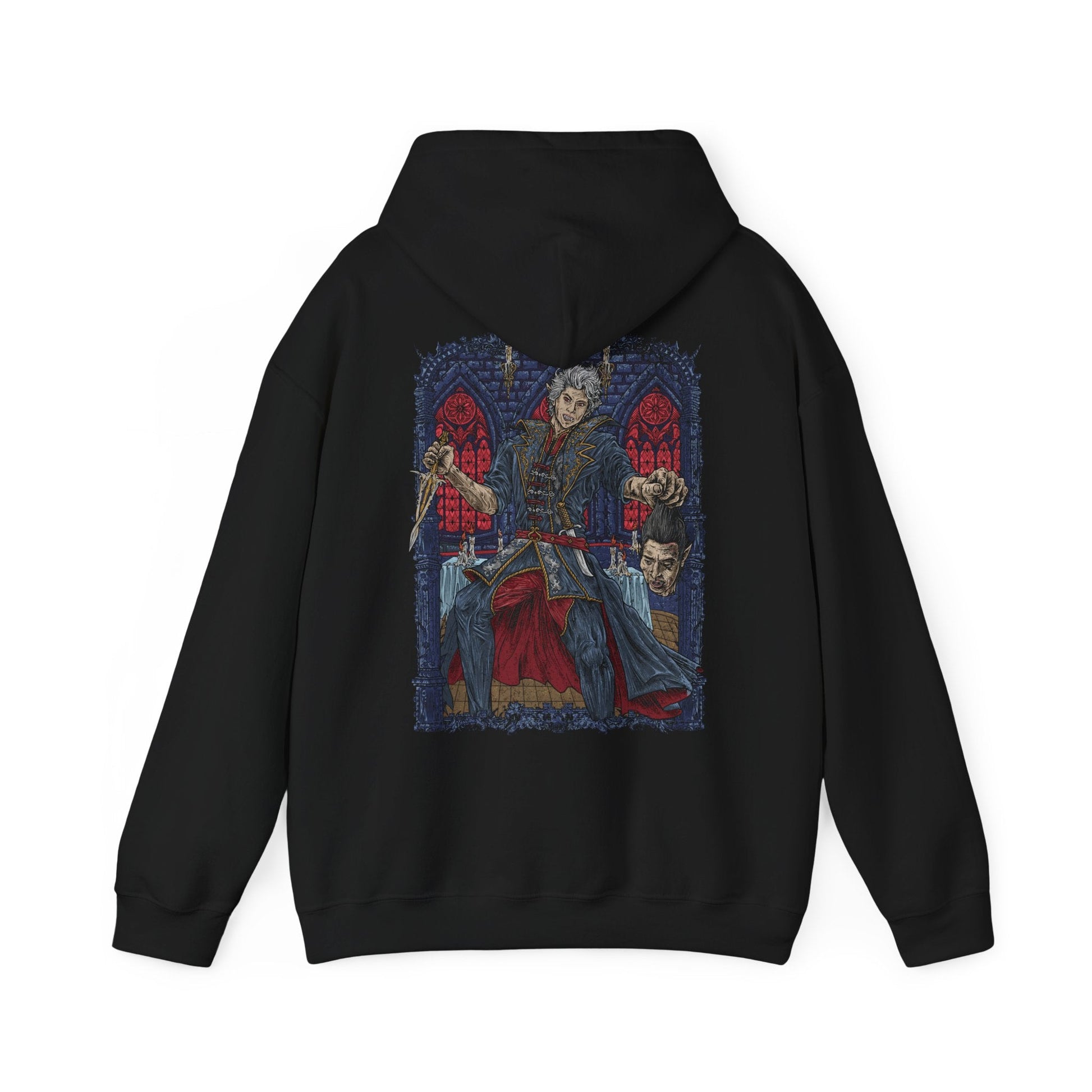 Image 5 of a Hooded Sweatshirt illustration of Ascended Astarion standing over the fallen Cazador after the execution, his blade dripping with the final act of defiance. Surrounded by shattered ritual sigils and vampiric energy, the scene reflects the climax of centuries of abuse, where Astarion claims dominion through blood, sacrifice, and irreversible transformation.