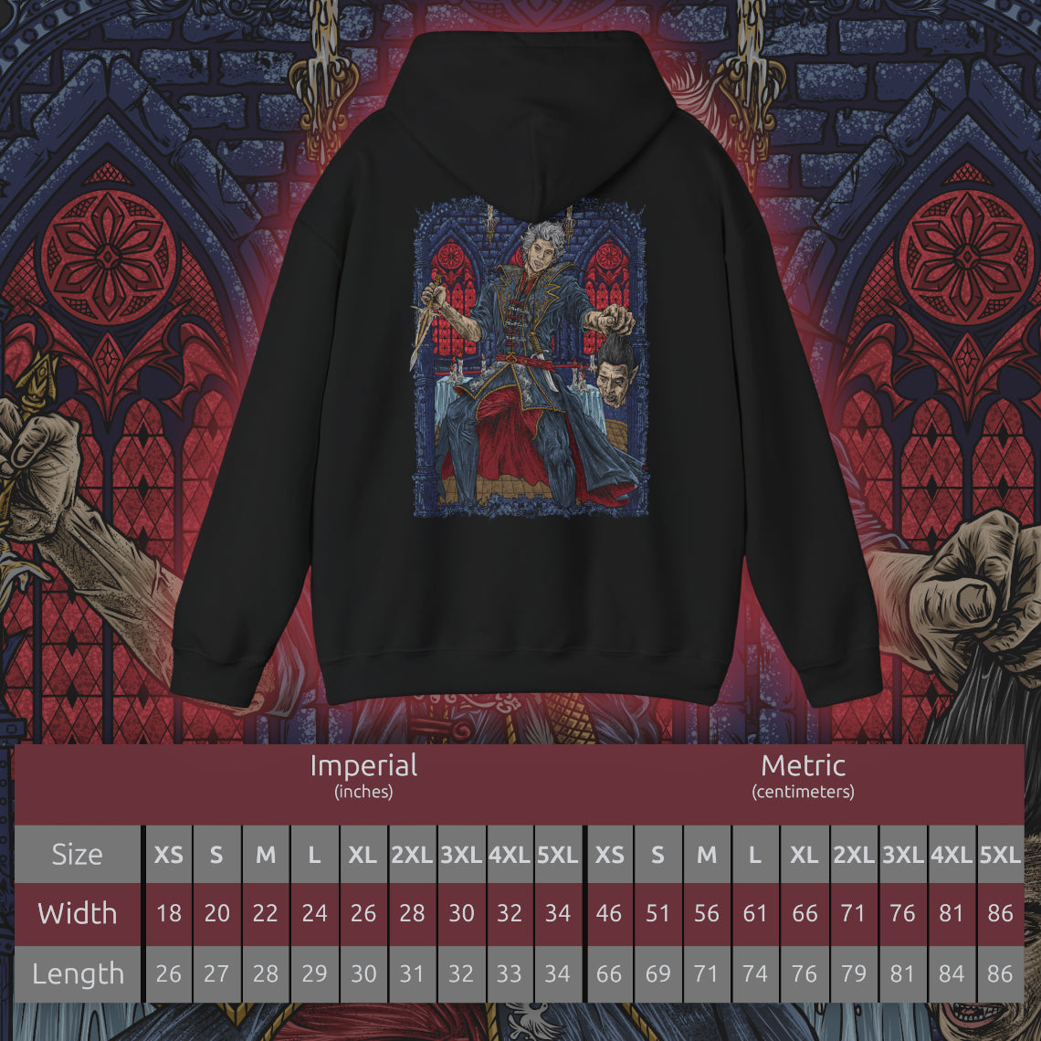 Size chart of a Hooded Sweatshirt illustration of Ascended Astarion standing over the fallen Cazador after the execution, his blade dripping with the final act of defiance. Surrounded by shattered ritual sigils and vampiric energy, the scene reflects the climax of centuries of abuse, where Astarion claims dominion through blood, sacrifice, and irreversible transformation.