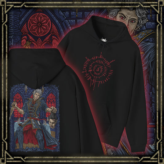 Thumbnail of a Hooded Sweatshirt illustration of Ascended Astarion standing over the fallen Cazador after the execution, his blade dripping with the final act of defiance. Surrounded by shattered ritual sigils and vampiric energy, the scene reflects the climax of centuries of abuse, where Astarion claims dominion through blood, sacrifice, and irreversible transformation.