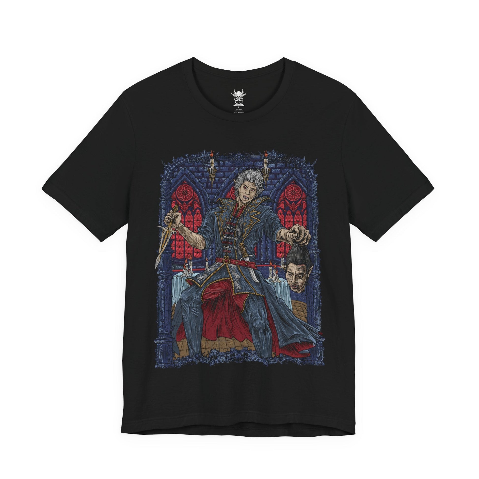 Image 4 of a T-shirt design of Ascended Astarion delivering the final blow to Cazador Szarr, severing the vampire lord’s head as dark ritual magic erupts around them. Bathed in crimson light, Astarion stands transformed by ascension, his expression cold and resolute. The scene captures the violent liberation from centuries of torment and the birth of a new, terrifying power.
