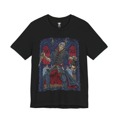 Image 4 of a T-shirt design of Ascended Astarion delivering the final blow to Cazador Szarr, severing the vampire lord’s head as dark ritual magic erupts around them. Bathed in crimson light, Astarion stands transformed by ascension, his expression cold and resolute. The scene captures the violent liberation from centuries of torment and the birth of a new, terrifying power.