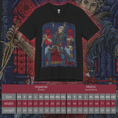 Size chart of a T-shirt design of Ascended Astarion delivering the final blow to Cazador Szarr, severing the vampire lord’s head as dark ritual magic erupts around them. Bathed in crimson light, Astarion stands transformed by ascension, his expression cold and resolute. The scene captures the violent liberation from centuries of torment and the birth of a new, terrifying power.
