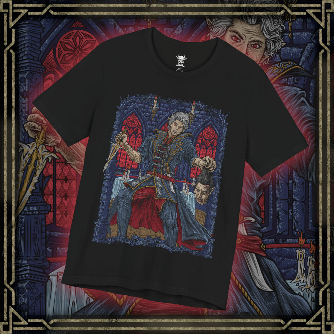 Thumbnail of a T-shirt design of Ascended Astarion delivering the final blow to Cazador Szarr, severing the vampire lord’s head as dark ritual magic erupts around them. Bathed in crimson light, Astarion stands transformed by ascension, his expression cold and resolute. The scene captures the violent liberation from centuries of torment and the birth of a new, terrifying power.