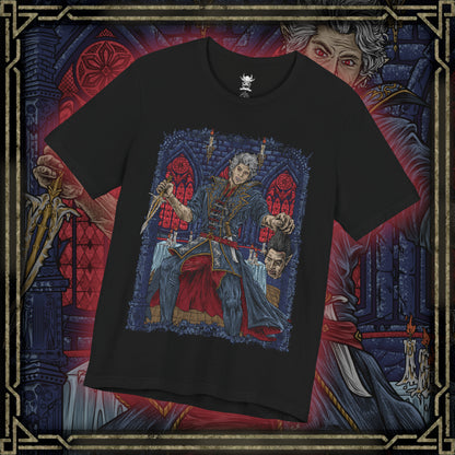 Thumbnail of a T-shirt design of Ascended Astarion delivering the final blow to Cazador Szarr, severing the vampire lord’s head as dark ritual magic erupts around them. Bathed in crimson light, Astarion stands transformed by ascension, his expression cold and resolute. The scene captures the violent liberation from centuries of torment and the birth of a new, terrifying power.