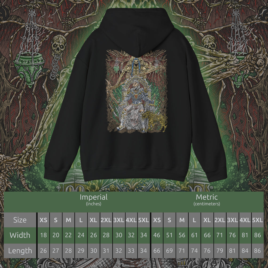 Size chart of a Hooded Sweatshirt featuring Ketheric Thorm from Baldurs Gate 3 enveloped in Myrkul’s divine power, his skeletal armor and glowing eye sockets a harbinger of doom. Necrotic flames and spectral bones twist around him as he spreads death across Faerûn. This design embodies the fusion of mortal ambition and godly wrath, portraying the dread of the Lord of Bones.