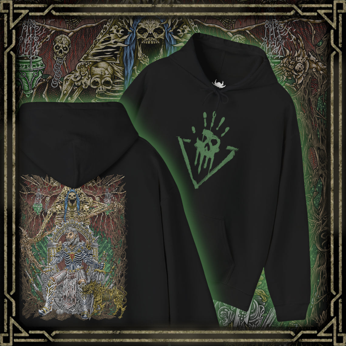 Thumbnail of a Hooded Sweatshirt featuring Ketheric Thorm from Baldurs Gate 3 enveloped in Myrkul’s divine power, his skeletal armor and glowing eye sockets a harbinger of doom. Necrotic flames and spectral bones twist around him as he spreads death across Faerûn. This design embodies the fusion of mortal ambition and godly wrath, portraying the dread of the Lord of Bones.