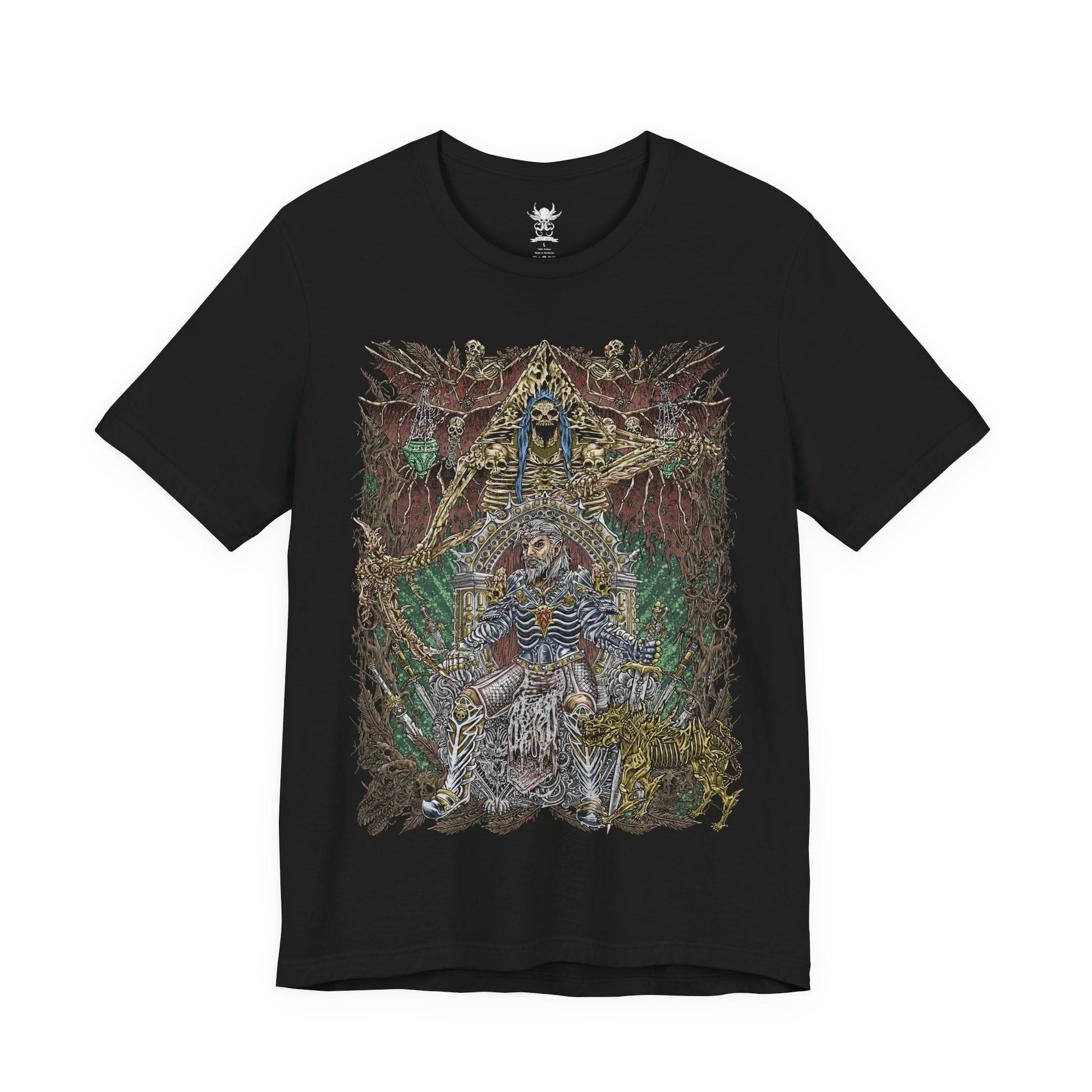 Image 4 of a T-shirt design of Ketheric Thorm, the mortal vessel of Myrkul, Lord of Bones, shrouded in dark necrotic energy. His skeletal visage and flowing black robes radiate death magic, while the shadows of the underworld swirl around him. This design captures the terrifying fusion of mortal ambition and divine deathly power in the Forgotten Realms.