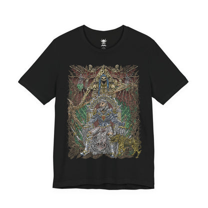 Image 4 of a T-shirt design of Ketheric Thorm, the mortal vessel of Myrkul, Lord of Bones, shrouded in dark necrotic energy. His skeletal visage and flowing black robes radiate death magic, while the shadows of the underworld swirl around him. This design captures the terrifying fusion of mortal ambition and divine deathly power in the Forgotten Realms.