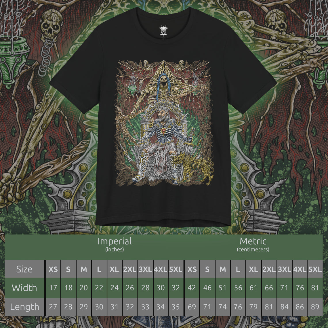 Size chart of a T-shirt design of Ketheric Thorm, the mortal vessel of Myrkul, Lord of Bones, shrouded in dark necrotic energy. His skeletal visage and flowing black robes radiate death magic, while the shadows of the underworld swirl around him. This design captures the terrifying fusion of mortal ambition and divine deathly power in the Forgotten Realms.