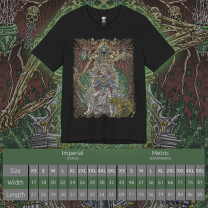 Size chart of a T-shirt design of Ketheric Thorm, the mortal vessel of Myrkul, Lord of Bones, shrouded in dark necrotic energy. His skeletal visage and flowing black robes radiate death magic, while the shadows of the underworld swirl around him. This design captures the terrifying fusion of mortal ambition and divine deathly power in the Forgotten Realms.