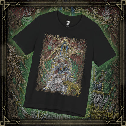 Thumbnail of a T-shirt design of Ketheric Thorm, the mortal vessel of Myrkul, Lord of Bones, shrouded in dark necrotic energy. His skeletal visage and flowing black robes radiate death magic, while the shadows of the underworld swirl around him. This design captures the terrifying fusion of mortal ambition and divine deathly power in the Forgotten Realms.