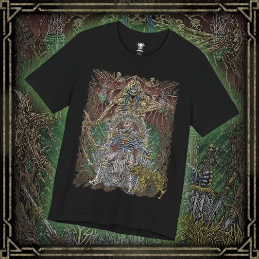 Thumbnail of a T-shirt design of Ketheric Thorm, the mortal vessel of Myrkul, Lord of Bones, shrouded in dark necrotic energy. His skeletal visage and flowing black robes radiate death magic, while the shadows of the underworld swirl around him. This design captures the terrifying fusion of mortal ambition and divine deathly power in the Forgotten Realms.