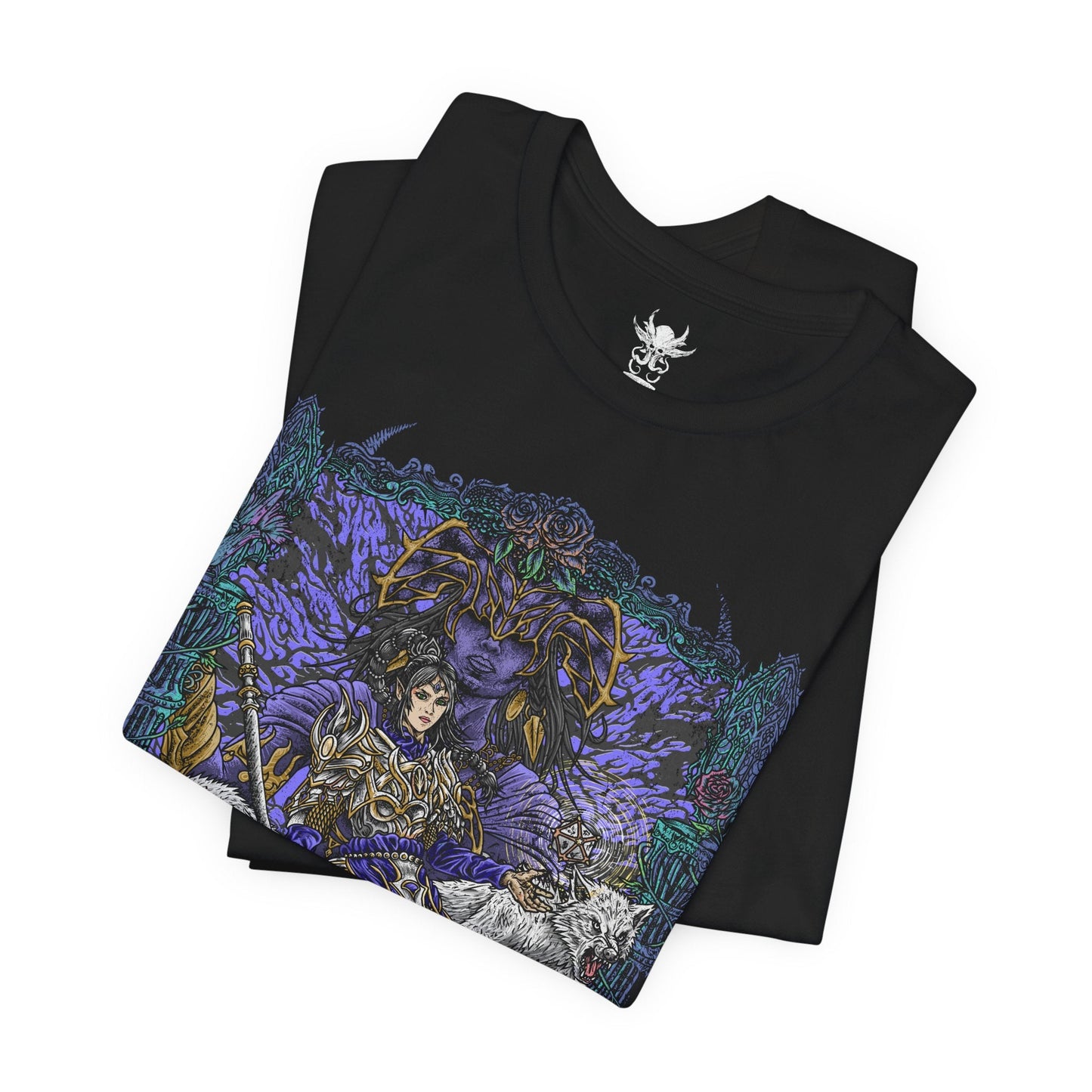 Folded T-shirt artwork of Shadowheart kneeling in devotion as Shar manifests above her in a veil of shadow and starlit darkness. Cloaked in black and violet hues, the scene reflects Shar’s dominion over loss, secrets, and night. This design portrays Shadowheart’s internal struggle between obedience and self-discovery within the harsh doctrine of her goddess.