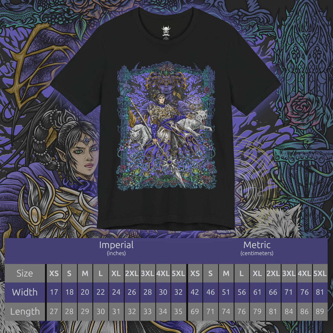 Size chart of a T-shirt artwork of Shadowheart kneeling in devotion as Shar manifests above her in a veil of shadow and starlit darkness. Cloaked in black and violet hues, the scene reflects Shar’s dominion over loss, secrets, and night. This design portrays Shadowheart’s internal struggle between obedience and self-discovery within the harsh doctrine of her goddess.