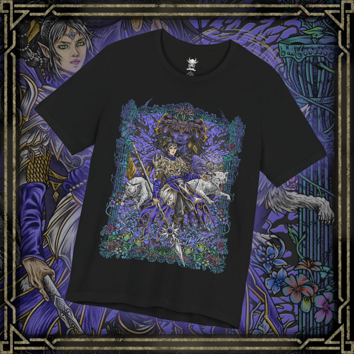 Thumbnail of a T-shirt artwork of Shadowheart kneeling in devotion as Shar manifests above her in a veil of shadow and starlit darkness. Cloaked in black and violet hues, the scene reflects Shar’s dominion over loss, secrets, and night. This design portrays Shadowheart’s internal struggle between obedience and self-discovery within the harsh doctrine of her goddess.