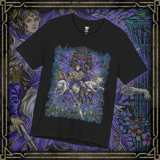 Thumbnail of a T-shirt artwork of Shadowheart kneeling in devotion as Shar manifests above her in a veil of shadow and starlit darkness. Cloaked in black and violet hues, the scene reflects Shar’s dominion over loss, secrets, and night. This design portrays Shadowheart’s internal struggle between obedience and self-discovery within the harsh doctrine of her goddess.