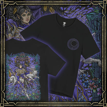 Thumbnail of a T-shirt artwork of Shadowheart kneeling in devotion as Shar manifests above her in a veil of shadow and starlit darkness. Cloaked in black and violet hues, the scene reflects Shar’s dominion over loss, secrets, and night. This design portrays Shadowheart’s internal struggle between obedience and self-discovery within the harsh doctrine of her goddess.