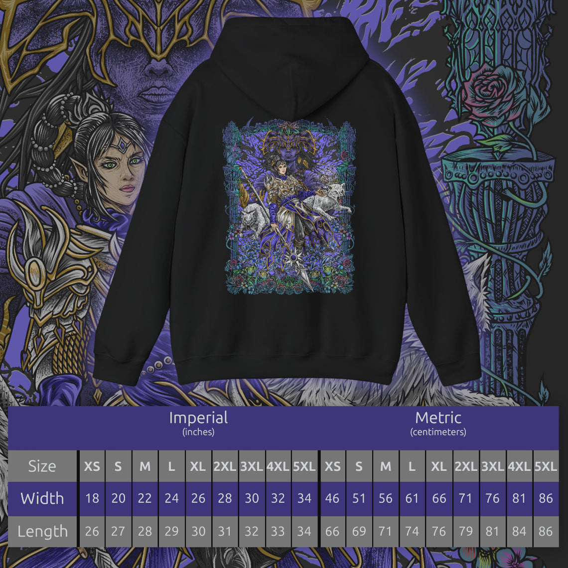 Size chart of a Hooded Sweatshirt of Shadowheart and Shar intertwined through shadow magic, with shattered memories and moonlit symbols drifting through the darkness. Shar’s cold, divine presence towers over her chosen cleric, representing control, faith, and erasure. The composition emphasizes the tragic bond between mortal and god, capturing the themes of devotion, manipulation, and identity central to Baldur’s Gate 3.