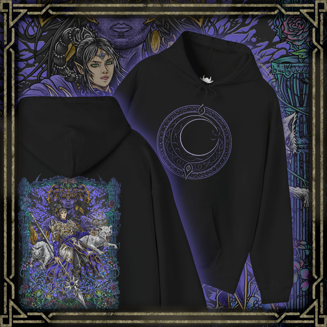 Thumbnail of a Hooded Sweatshirt of Shadowheart and Shar intertwined through shadow magic, with shattered memories and moonlit symbols drifting through the darkness. Shar’s cold, divine presence towers over her chosen cleric, representing control, faith, and erasure. The composition emphasizes the tragic bond between mortal and god, capturing the themes of devotion, manipulation, and identity central to Baldur’s Gate 3.