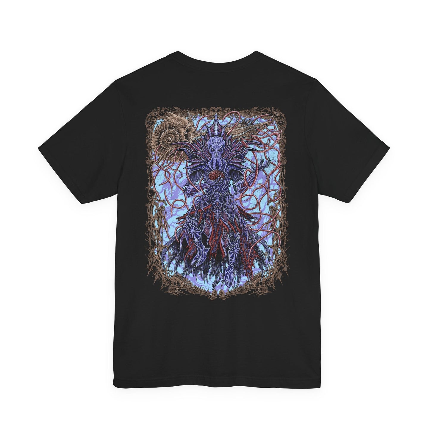 Image 5 of a Baldurs Gate 3 T-shirt showcasing The Emperor, the powerful Mind Flayer who claims to protect the player while concealing dangerous secrets. Surrounded by psychic energy and arcane symbols, he represents the thin line between trust and corruption. This artwork highlights his alien form, cold intellect, and the haunting influence of illithid evolution.