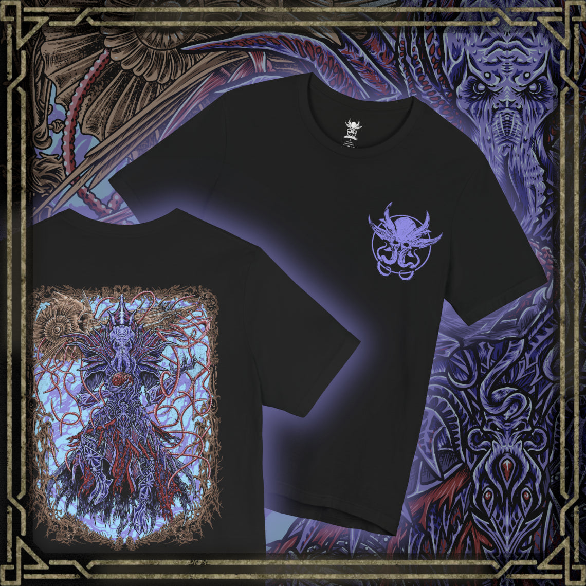 Thumbnail of a Baldurs Gate 3 T-shirt showcasing The Emperor, the powerful Mind Flayer who claims to protect the player while concealing dangerous secrets. Surrounded by psychic energy and arcane symbols, he represents the thin line between trust and corruption. This artwork highlights his alien form, cold intellect, and the haunting influence of illithid evolution.