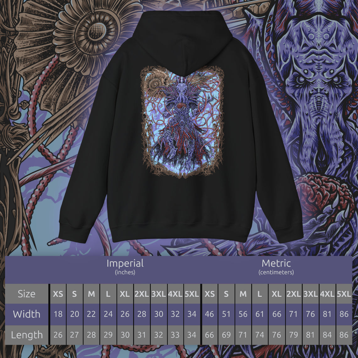 Size chart of a Hooded Sweatshirt featuring The Emperor from Baldur’s Gate 3, depicting the ancient Mind Flayer who walks the path between mentor and manipulator. His glowing eyes and writhing tentacles radiate psionic mastery, capturing the tension of the illithid transformation. This design reflects the cosmic horror and moral ambiguity at the heart of the Emperor’s story.